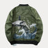 Embroidered green bomber baseball jacket with cartoon pattern design and rib sleeve cuffs.